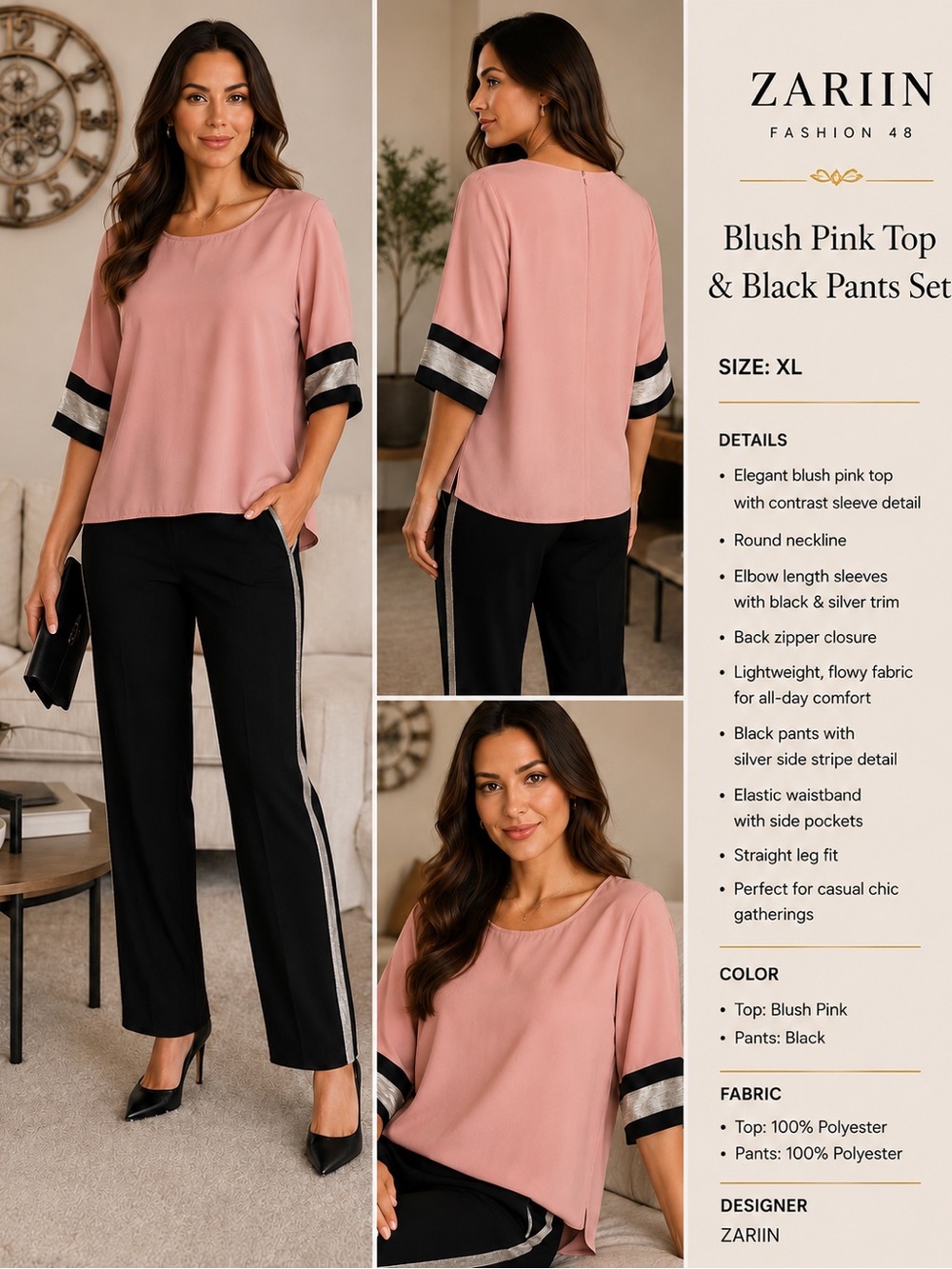 Blush Pink Top & Black Stripe Pants Set